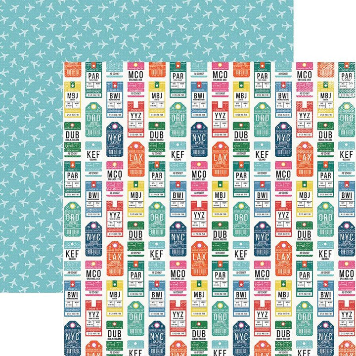 P-2161E - Scrapbook Paper - Luggage Tags - Colorful airport luggage tag stickers arranged in rows on turquoise background with airplane pattern