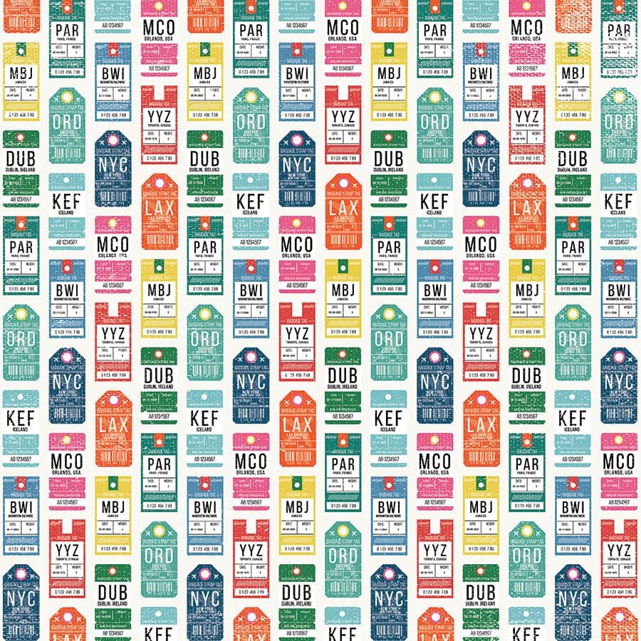P-2161E - Scrapbook Paper - Luggage Tags - Colorful repeating pattern of vintage-style luggage tag stickers featuring airport codes (PAR, MCO, MBJ, BWI, YYZ, ORD, DUB, NYC, KEF, LAX) in pink, teal, orange, and blue