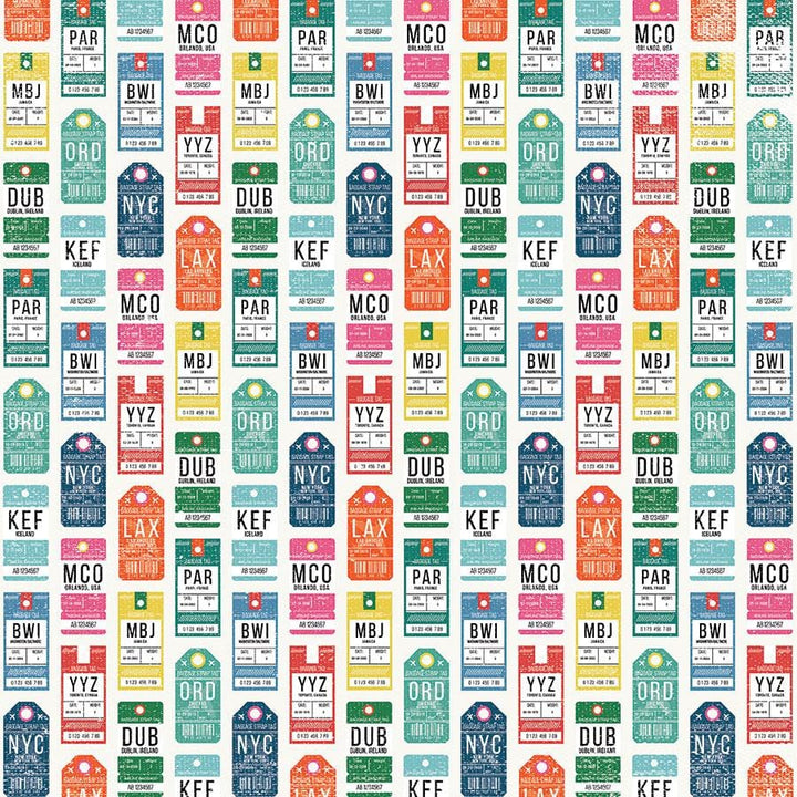 P-2161E - Scrapbook Paper - Luggage Tags - Colorful repeating pattern of vintage-style luggage tag stickers featuring airport codes (PAR, MCO, MBJ, BWI, YYZ, ORD, DUB, NYC, KEF, LAX) in pink, teal, orange, and blue
