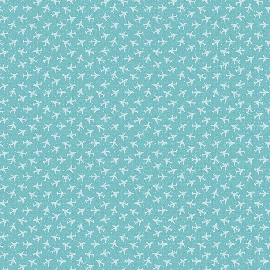 P-2161E - Scrapbook Paper - Luggage Tags - Turquoise background with repeating white airplane silhouettes in an all-over pattern