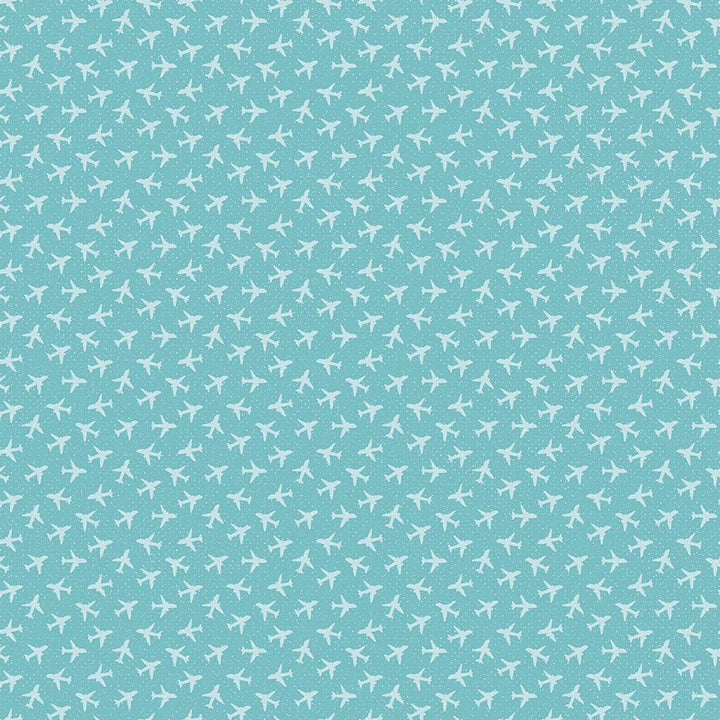 P-2161E - Scrapbook Paper - Luggage Tags - Turquoise background with repeating white airplane silhouettes in an all-over pattern