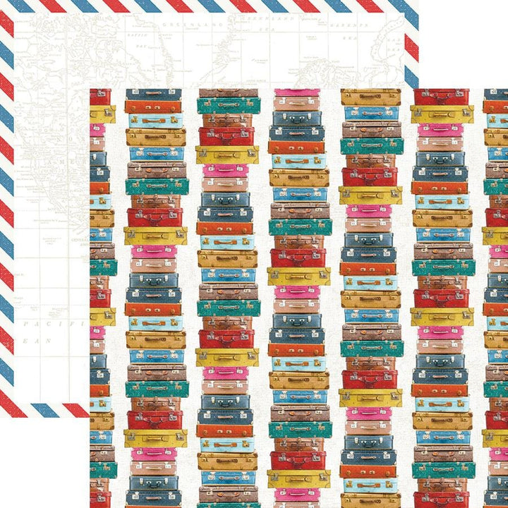 P-2165E - Scrapbook Paper - Suitcases - Colorful stacked vintage suitcases in red, blue, yellow, pink, and teal on a map background with airmail border