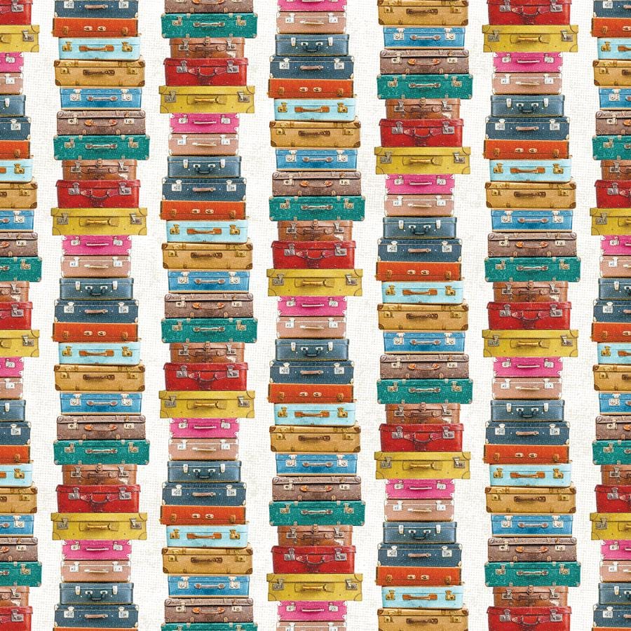 P-2165E - Scrapbook Paper - Suitcases - Colorful stacked vintage suitcases in red, blue, yellow, teal, brown, and pink on white background