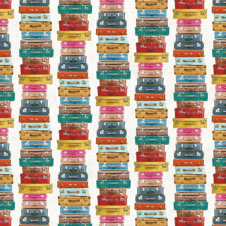 P-2165E - Scrapbook Paper - Suitcases - Colorful stacked vintage suitcases in red, blue, yellow, teal, brown, and pink on white background