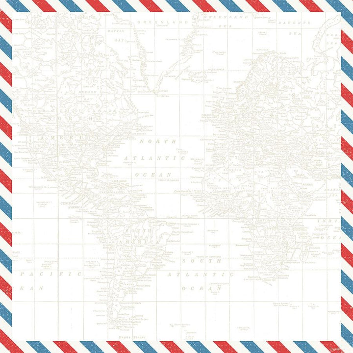 P-2165E - Scrapbook Paper - Suitcases - Vintage map of North America and Europe bordered with red and blue diagonal stripes on cream background