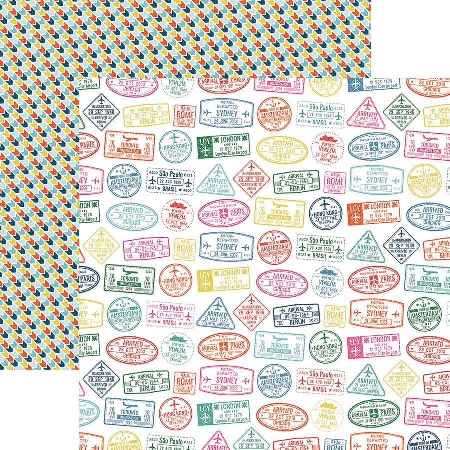 P-2166E - Scrapbook Paper - Passport Stamps - Colorful scrapbook paper featuring vintage passport stamps in pink, blue, green, and red on a white background with a geometric pattern border