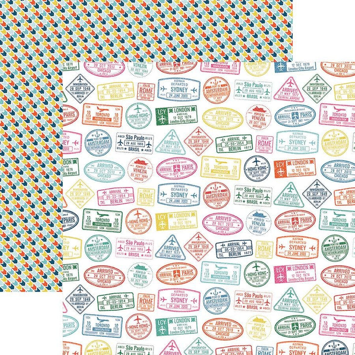 P-2166E - Scrapbook Paper - Passport Stamps - Colorful scrapbook paper featuring vintage passport stamps in pink, blue, green, and red on a white background with a geometric pattern border