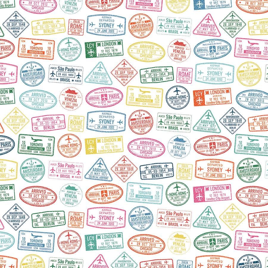 P-2166E - Scrapbook Paper - Passport Stamps - Colorful vintage passport stamps and travel visa marks in red, blue, yellow, and pink scattered across a white background