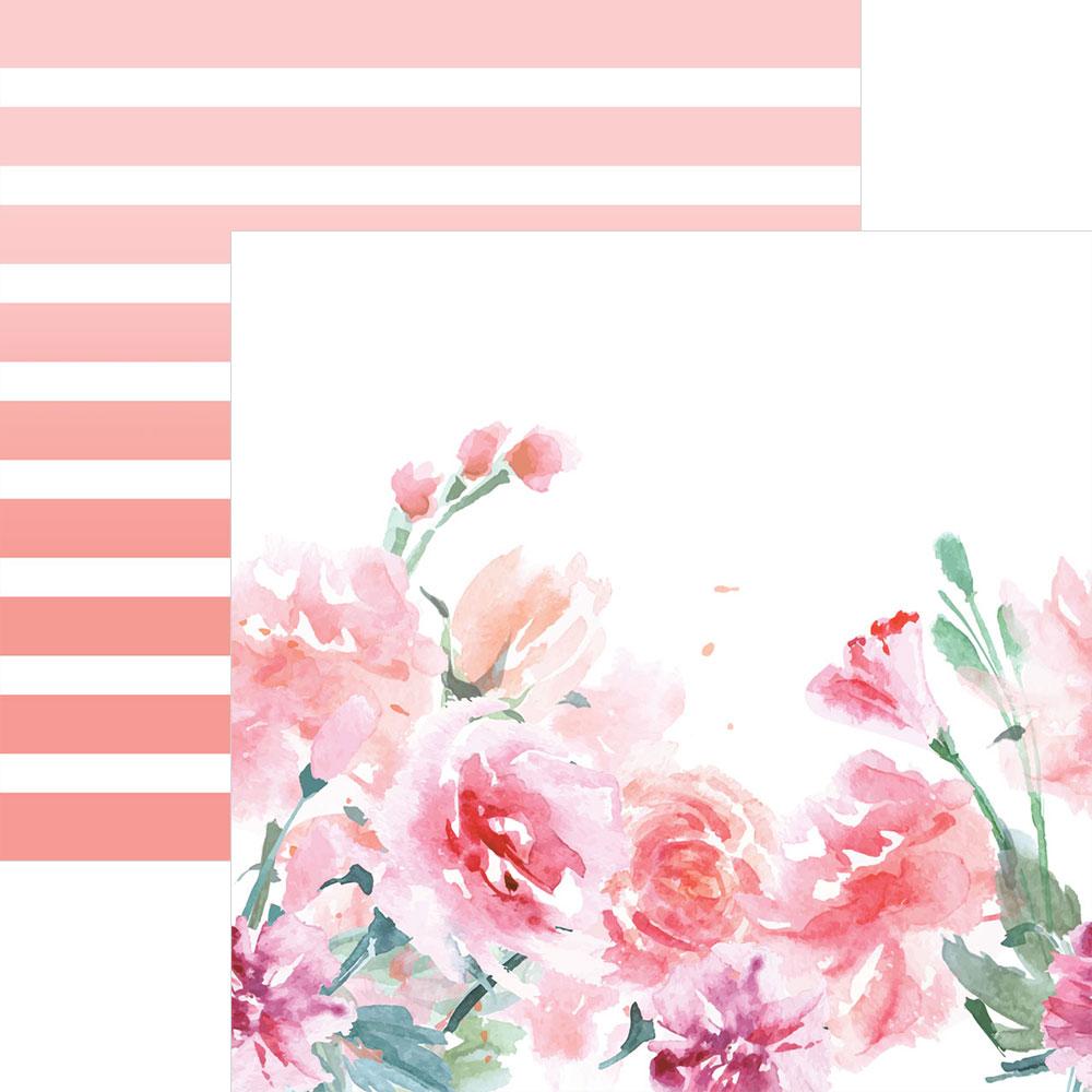 P-2180E - Scrapbook Paper - Love Always - Pink and white striped scrapbook paper with watercolor carnation flowers in shades of pink and red