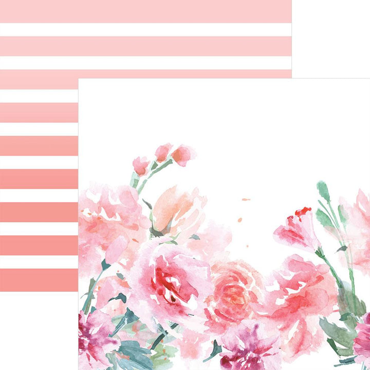 P-2180E - Scrapbook Paper - Love Always - Pink and white striped scrapbook paper with watercolor carnation flowers in shades of pink and red