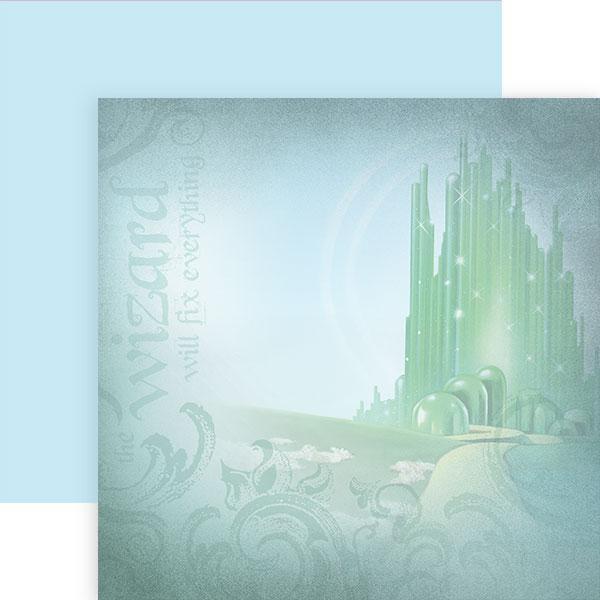 P-2193E - Scrapbook Paper - Wizard of Oz Emerald City - Soft green scrapbook paper featuring the Emerald City skyline with ornate swirls and "Wizard of Oz" text