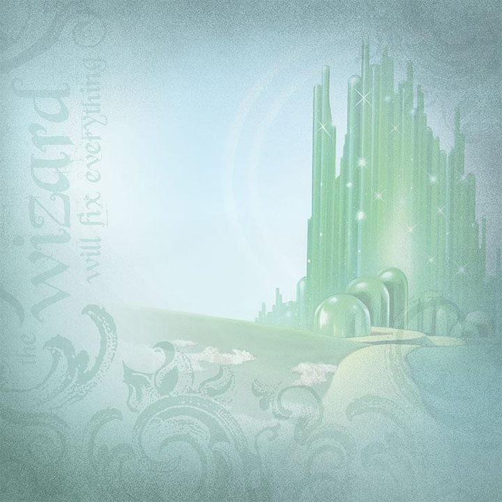 P-2193E - Scrapbook Paper - Wizard of Oz Emerald City - Green scrapbook paper featuring the Emerald City with sparkles, ornate swirls, and clouds on a soft blue-green background