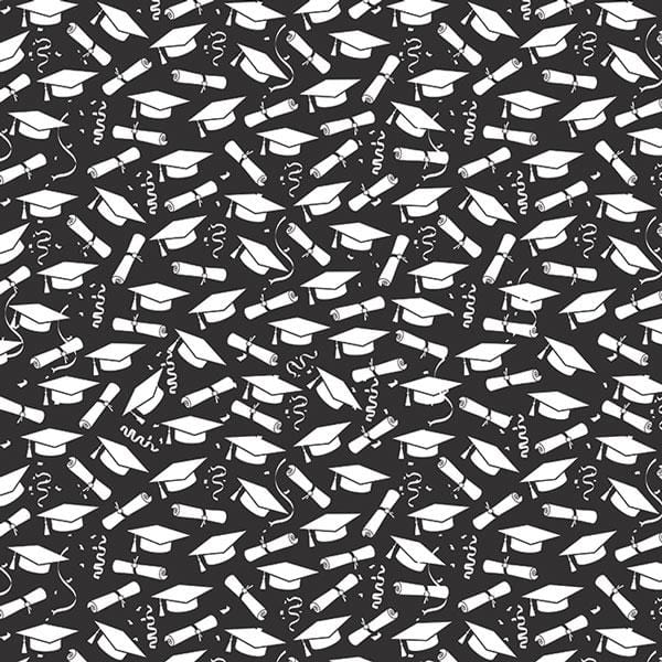 scrapbook paper featuring a black and white pattern of illustrated mortarboards and diplomas.
