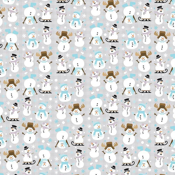 12x12 scrapbook paper featuring a snowman pattern on a gray background.