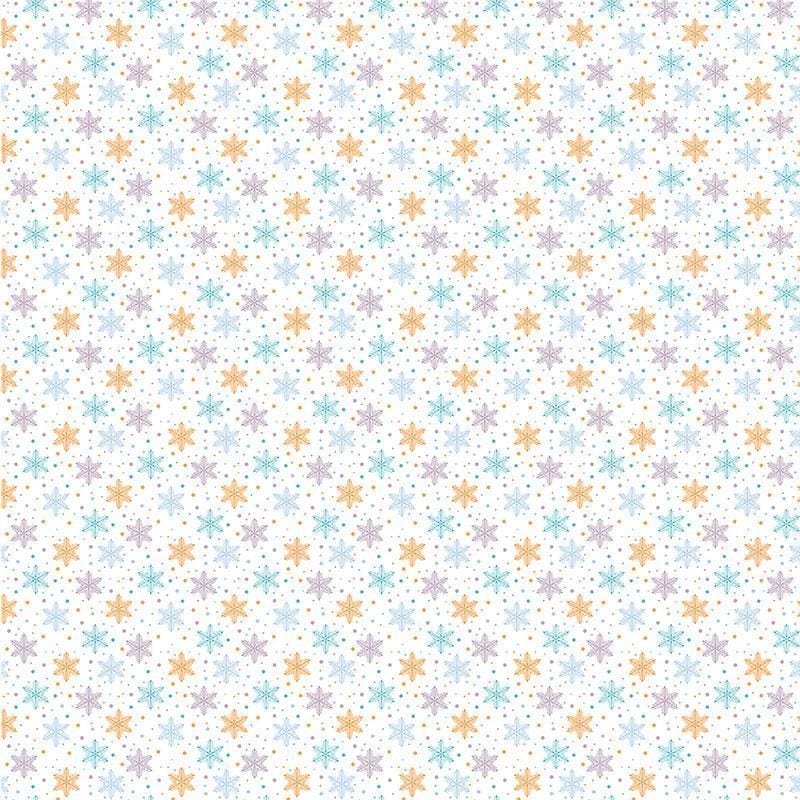12x12 scrapbook paper featuring a blue, teal and orange star pattern on a white background.