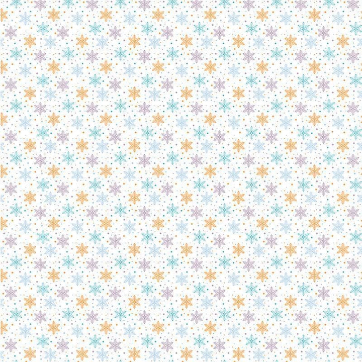 12x12 scrapbook paper featuring a blue, teal and orange star pattern on a white background.