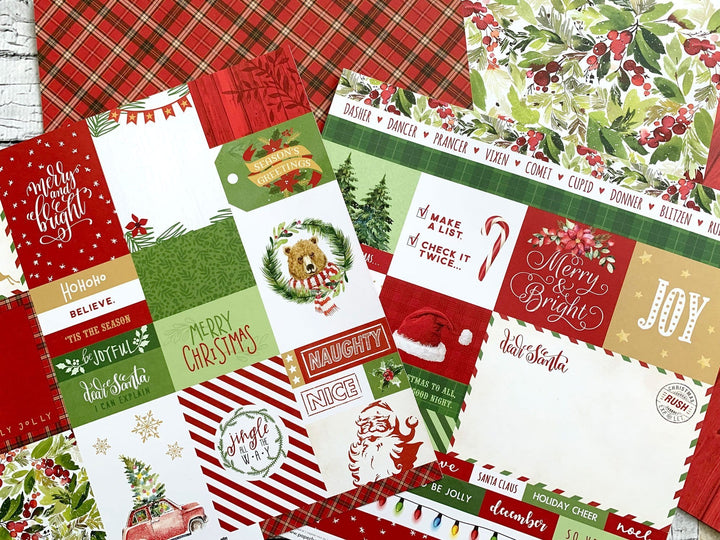 Merry and Bright Tags scrapbook paper image featuring an assortment of papers featuring adorable red and green holiday illustrations.