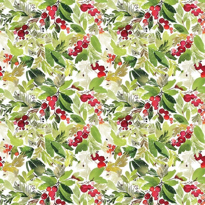 12x12 scrapbook paper featuring a red and green holly watercolor pattern.