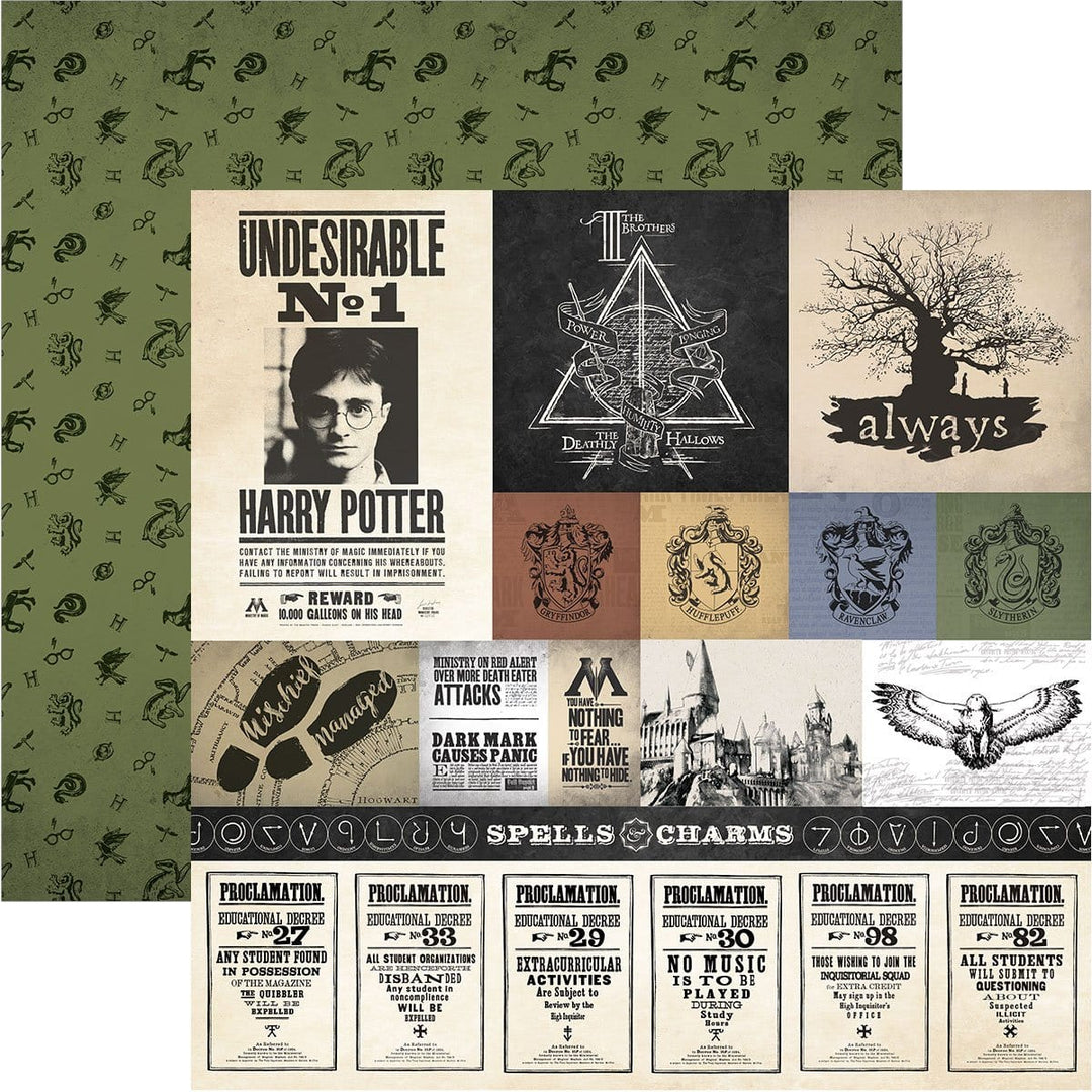harry potter scrapbook paper featuring tags with crests &amp; patterns shown overlapping an olive green pattern of black symbols.