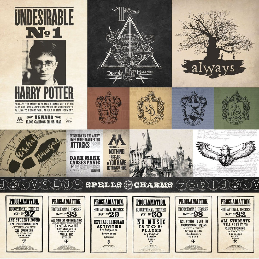 harry potter scrapbook paper featuring tags with crests &amp; patterns.