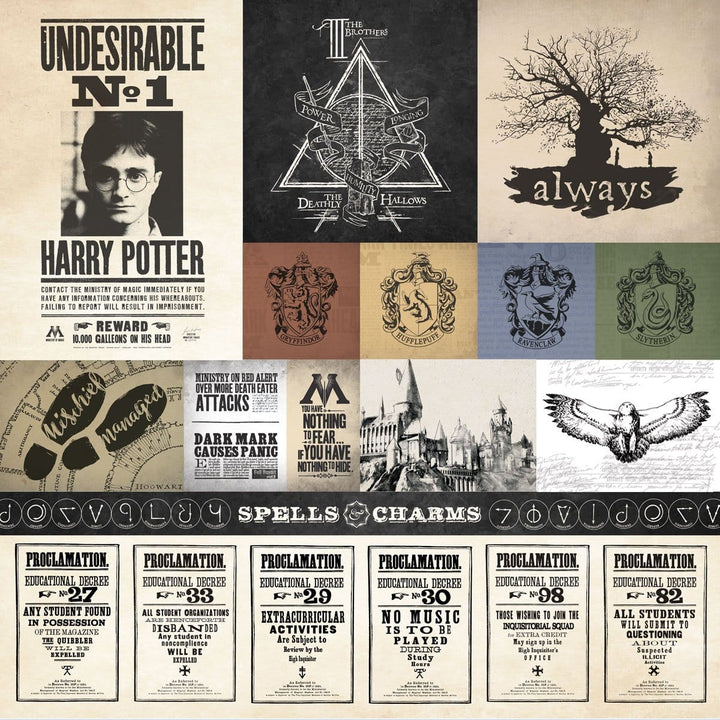harry potter scrapbook paper featuring tags with crests &amp; patterns.