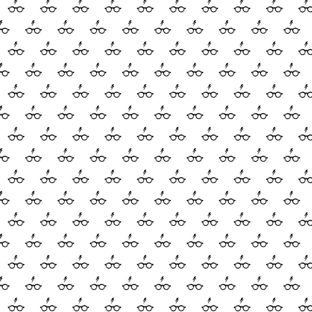 harry potter scrapbook paper featuring a pattern of black glasses &amp; lightning bolts on a white background.