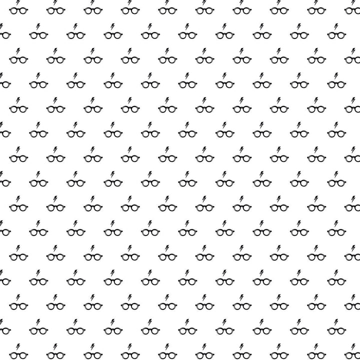 harry potter scrapbook paper featuring a pattern of black glasses &amp; lightning bolts on a white background.