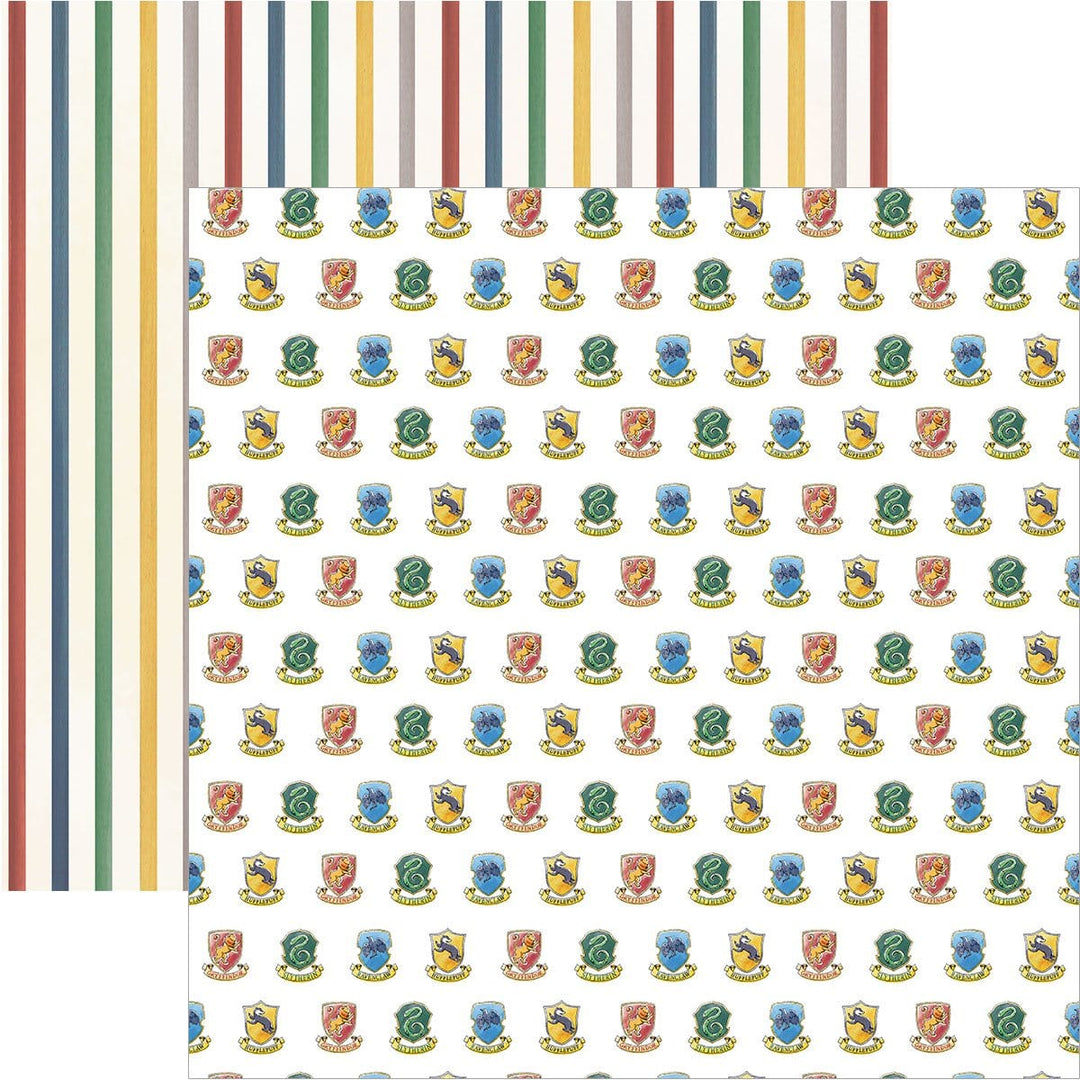 harry potter scrapbook paper featuring a pattern of the multi-colored House Crests shown overlapping a pattern of colored stripes.