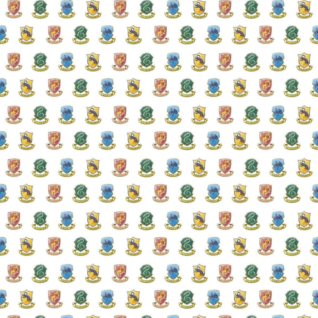 harry potter scrapbook paper featuring a pattern of the multi-colored House Crests.