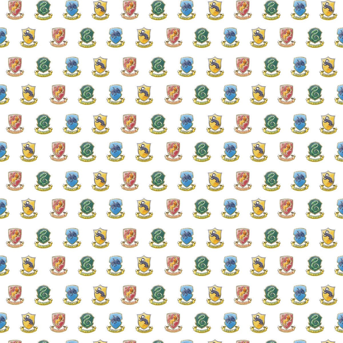 harry potter scrapbook paper featuring a pattern of the multi-colored House Crests.