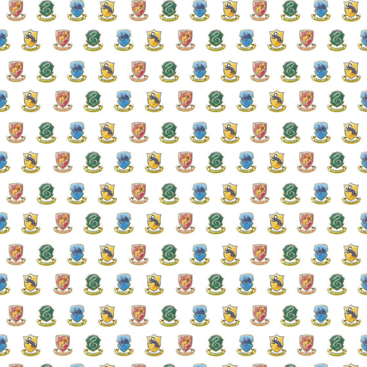 harry potter scrapbook paper featuring a pattern of the multi-colored House Crests.