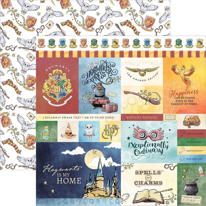 harry potter scrapbook paper featuring harry potter themed tags in watercolor style shown overlapping a Hedwig / Gryffindor pattern.