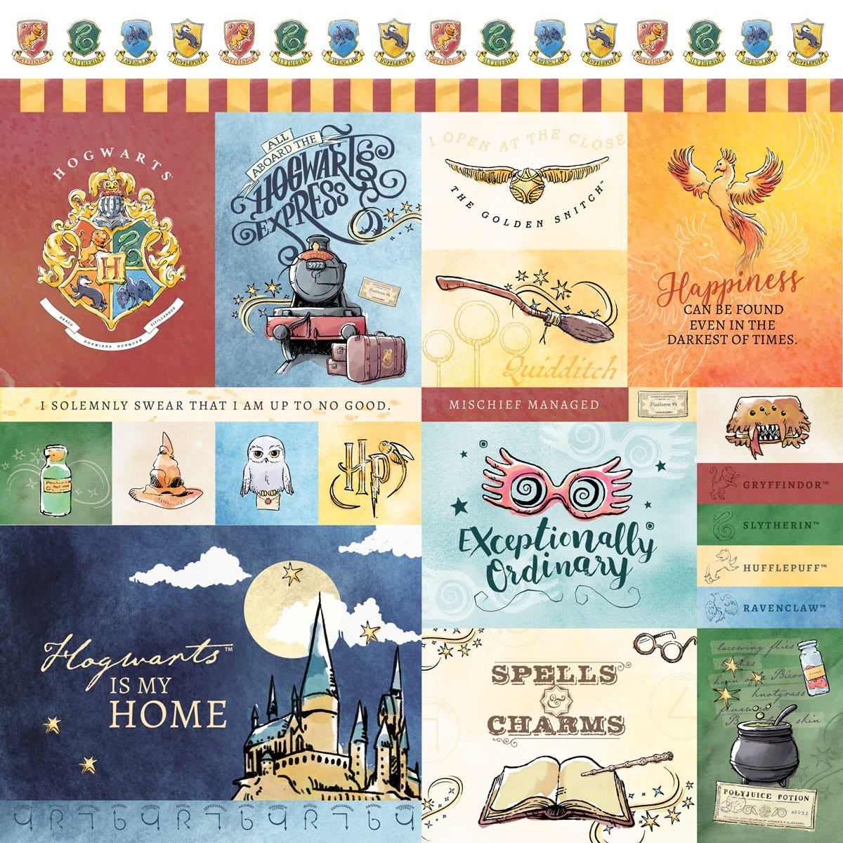 harry potter scrapbook paper featuring harry potter themed tags in watercolor style.