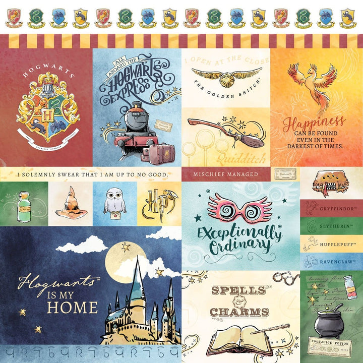 harry potter scrapbook paper featuring harry potter themed tags in watercolor style.