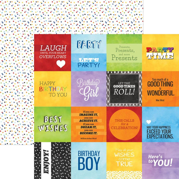 scrapbook paper image features colorful celebration tags on front side and colorful polka dots on back side.