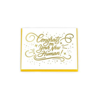 note card featuring foil script text on white background with yellow envelope, shown on white background.