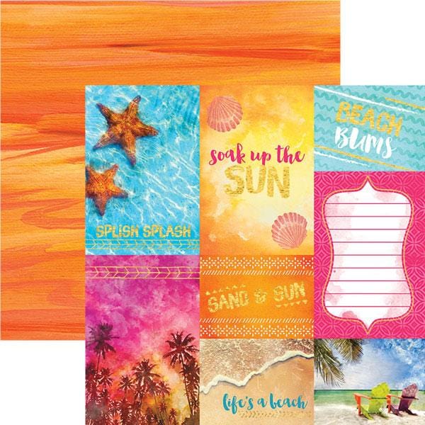PGL-2023E - Scrapbook Paper - Soak Up the Sun Foil - Colorful scrapbook paper sheets featuring beach and summer themes with starfish, palm trees, shells, and sand with text like "Splish Splash" and "Soak Up the Sun."