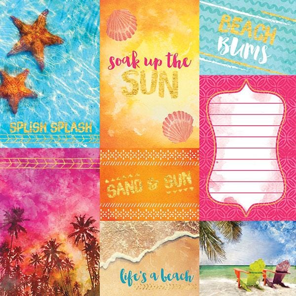 PGL-2023E - Scrapbook Paper - Soak Up the Sun Foil - Colorful scrapbook paper grid featuring beach and summer themes with starfish, shells, palm trees, and text like "Soak Up the Sun" and "Beach Vibes."