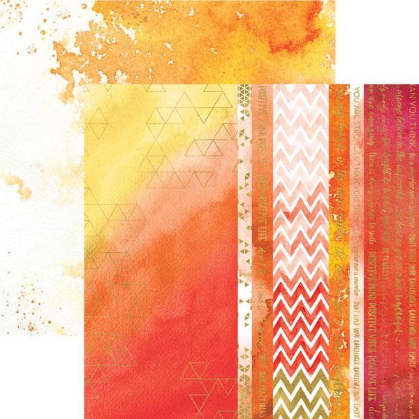 PGL-2024E - Scrapbook Paper - Live Bright Foil - Assorted scrapbook paper sheets in warm sunset colors with foil accents, geometric patterns, and chevron designs