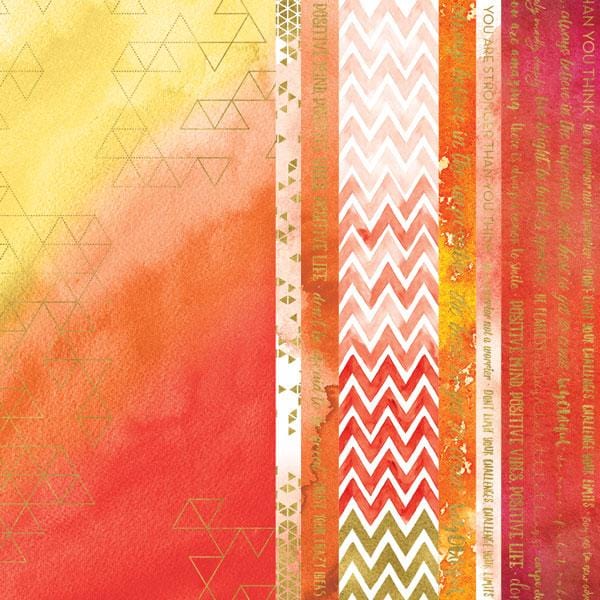 PGL-2024E - Scrapbook Paper - Live Bright Foil - Gradient watercolor background transitioning from yellow to red with geometric triangles and decorative striped paper strips featuring chevron and text patterns