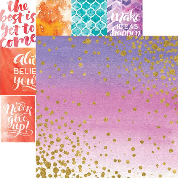 PGL-2026E - Scrapbook Paper - Sparkle Foil - Assorted scrapbook paper sheets featuring inspirational text, geometric patterns, and gold foil polka dot designs in coral, turquoise, purple, and pink