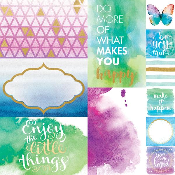 scrapbook pape featuring colorful graphic and watercolor tags with happy sentiments.
