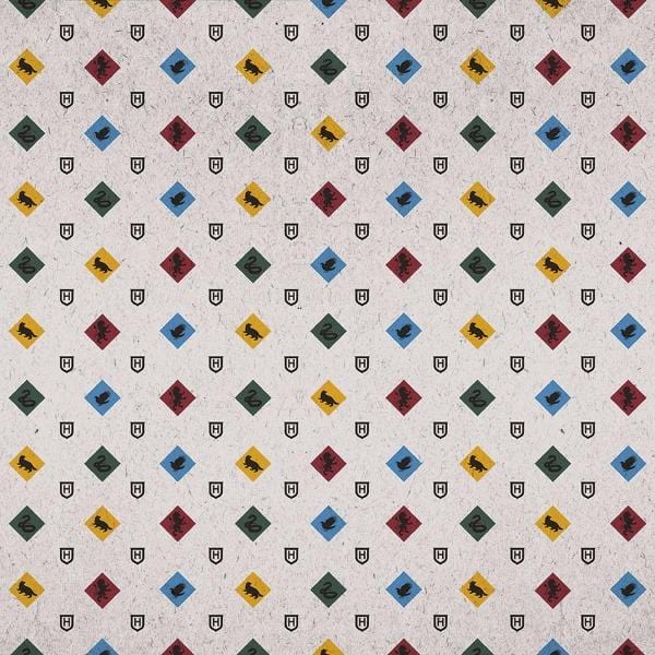 Harry Potter scrapbook paper featuring a colorful Hogwarts pattern.