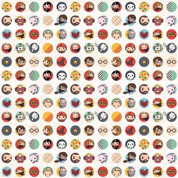 Harry Potter scrapbook paper featuring chibi characters in a polka dot pattern.