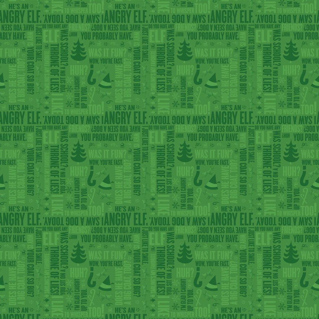 scrapbook paper featuring a pattern of green words and symbols from the movie Elf.