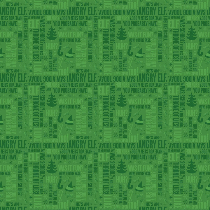 scrapbook paper featuring a pattern of green words and symbols from the movie Elf.