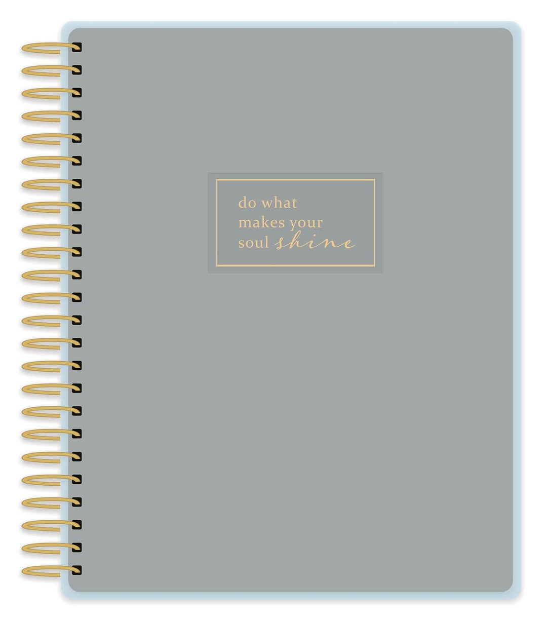 Soul Shine weekly planner image shows cover featuring solid gray background with gold words and gold coil spine.