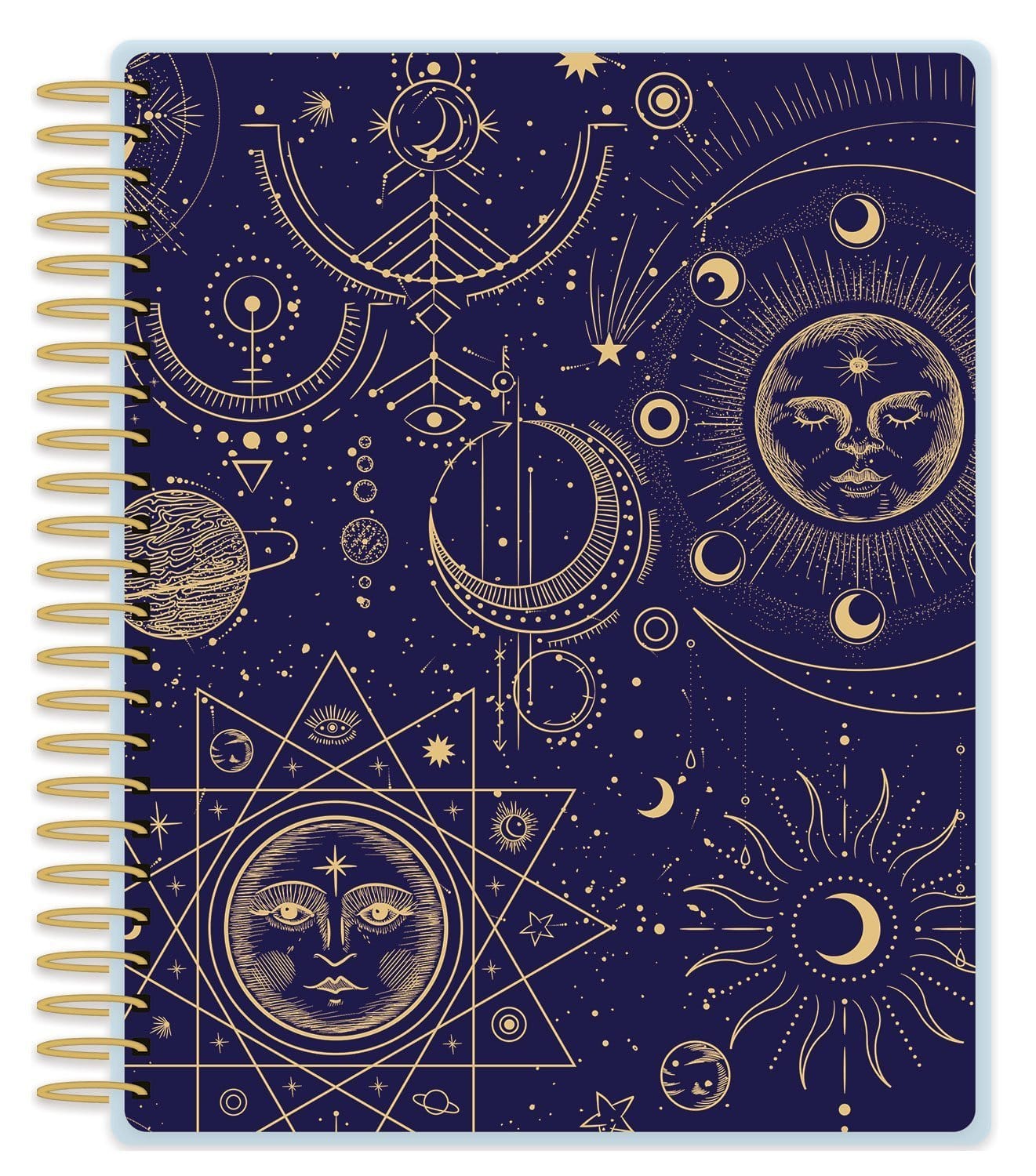 Celestial weekly planner image shows cover featuring gold line illustrations on solid blue background and gold coil spine.