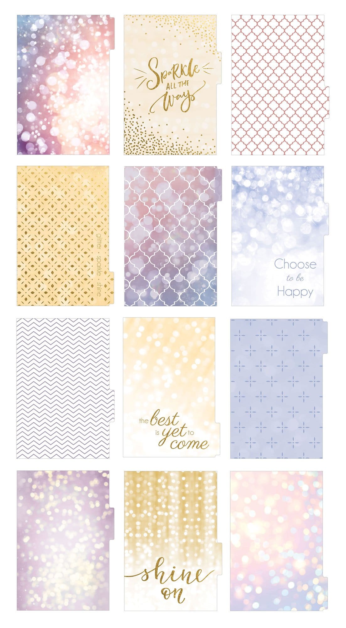 PL-4005E - Weekly Planner - Shine Bright 12 Month Undated Mini - Grid of 12 colorful planner pages featuring gold text, geometric patterns, and sparkle designs in pink, purple, blue, and gold tones