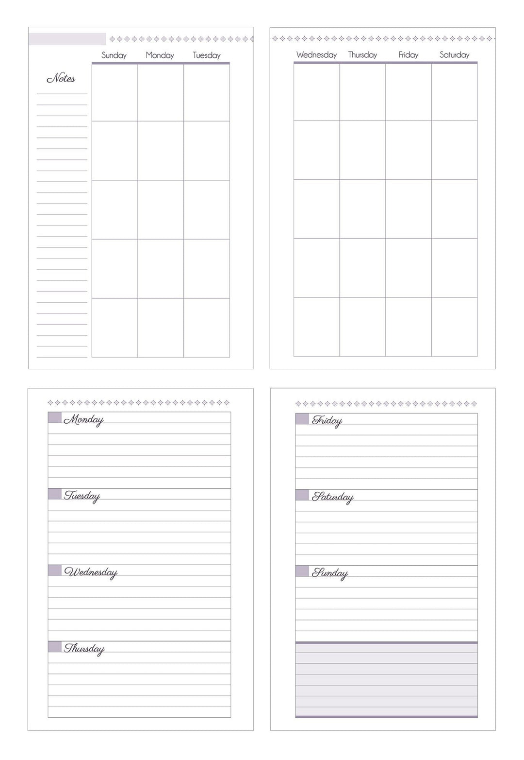 PL-4005E - Weekly Planner - Shine Bright 12 Month Undated Mini - Four printable planner pages with purple accents, featuring weekly layouts, daily breakdowns, and lined notes sections in a minimalist design